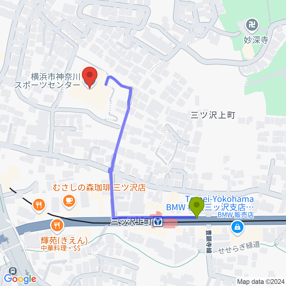 横浜市神奈川スポーツセンターの最寄駅三ツ沢上町駅からの徒歩ルート（約5分）地図
