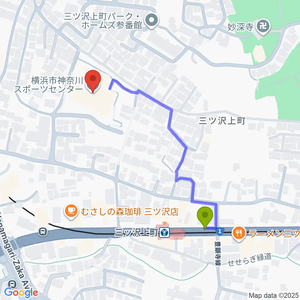 横浜市神奈川スポーツセンターの最寄駅三ツ沢上町駅からの徒歩ルート（約5分）地図