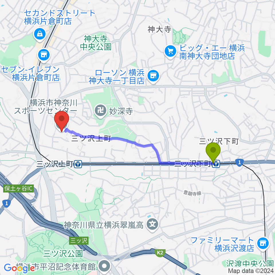 三ツ沢下町駅から横浜市神奈川スポーツセンターへのルートマップ地図