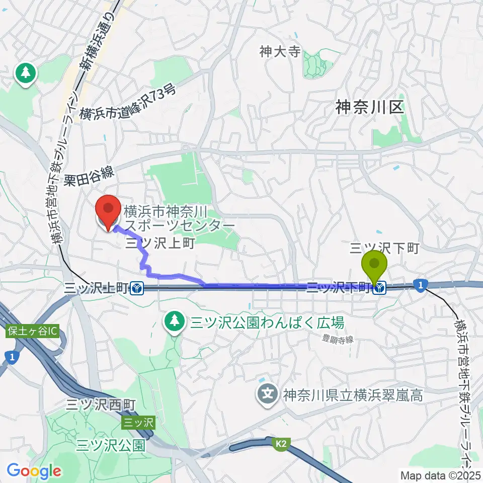 三ツ沢下町駅から横浜市神奈川スポーツセンターへのルートマップ地図