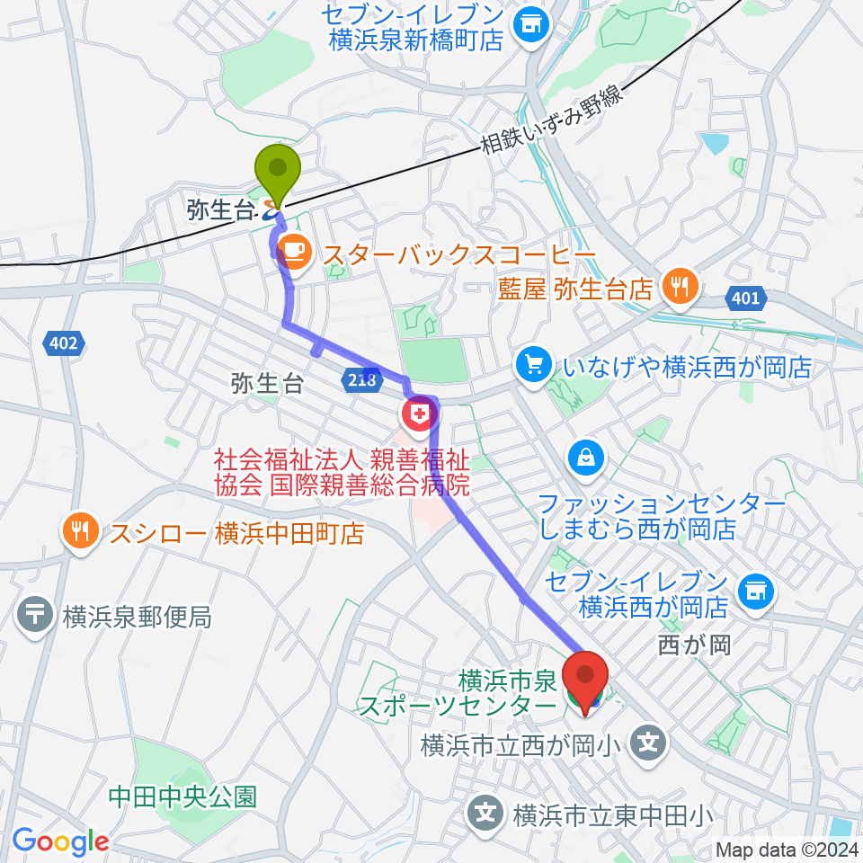 弥生台駅から横浜市泉スポーツセンターへのルートマップ地図