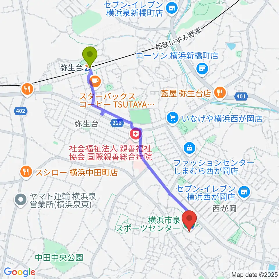 弥生台駅から横浜市泉スポーツセンターへのルートマップ地図