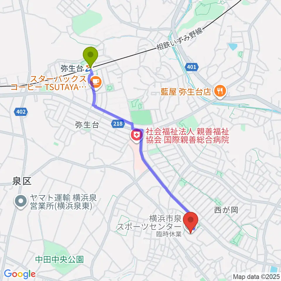 弥生台駅から横浜市泉スポーツセンターへのルートマップ地図