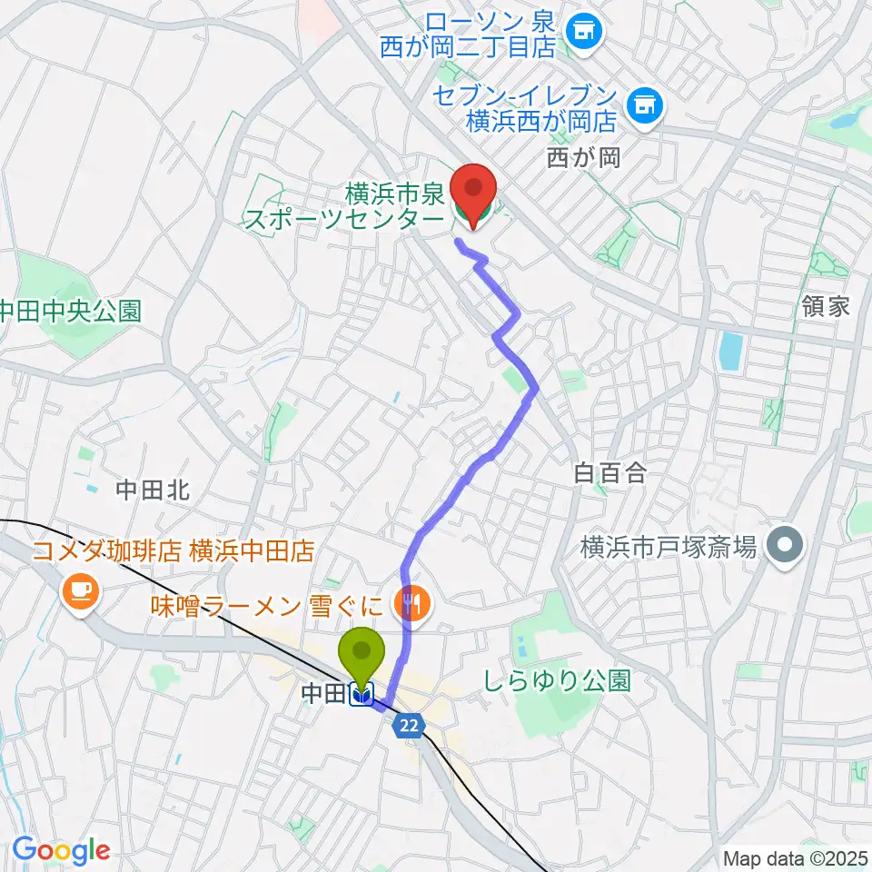 横浜市泉スポーツセンターの最寄駅中田駅からの徒歩ルート（約17分）地図