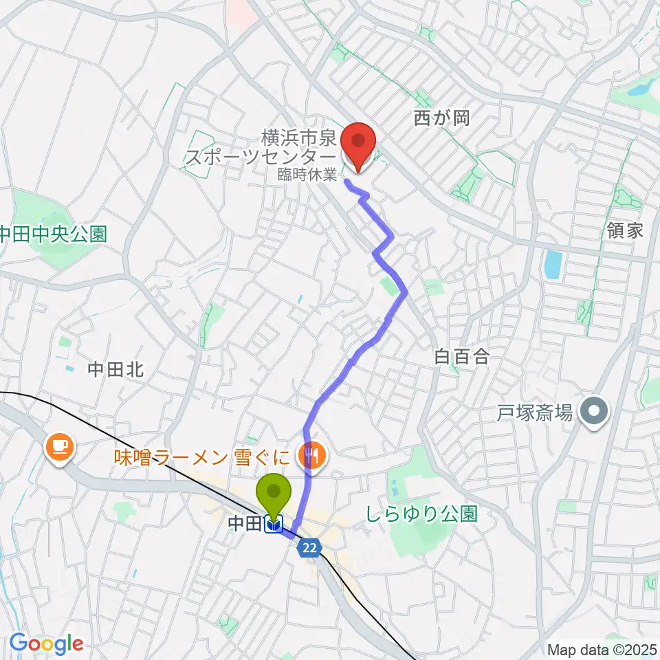 横浜市泉スポーツセンターの最寄駅中田駅からの徒歩ルート（約17分）地図