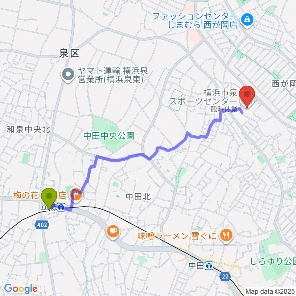 立場駅から横浜市泉スポーツセンターへのルートマップ地図