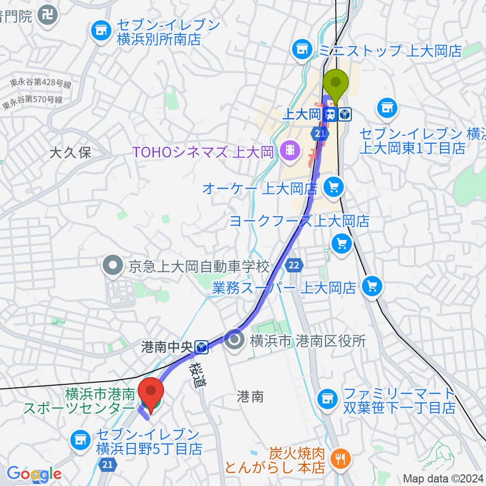 上大岡駅から横浜市港南スポーツセンターへのルートマップ地図