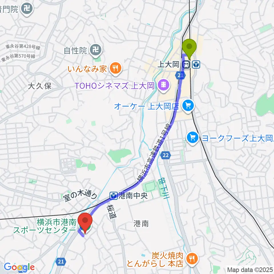 上大岡駅から横浜市港南スポーツセンターへのルートマップ地図