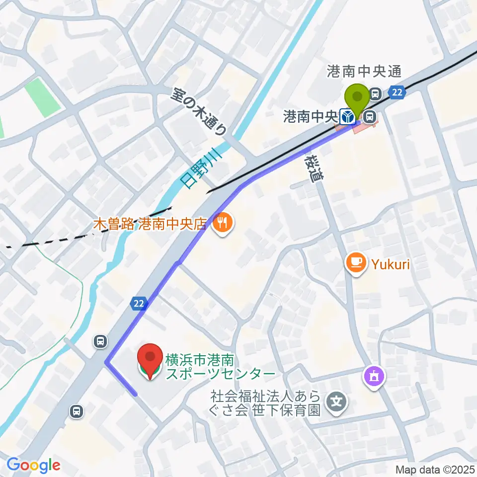 横浜市港南スポーツセンターの最寄駅港南中央駅からの徒歩ルート（約5分）地図