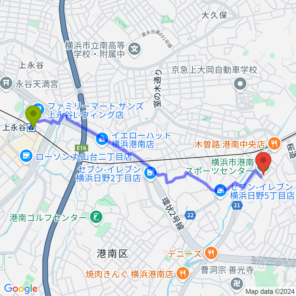 上永谷駅から横浜市港南スポーツセンターへのルートマップ地図