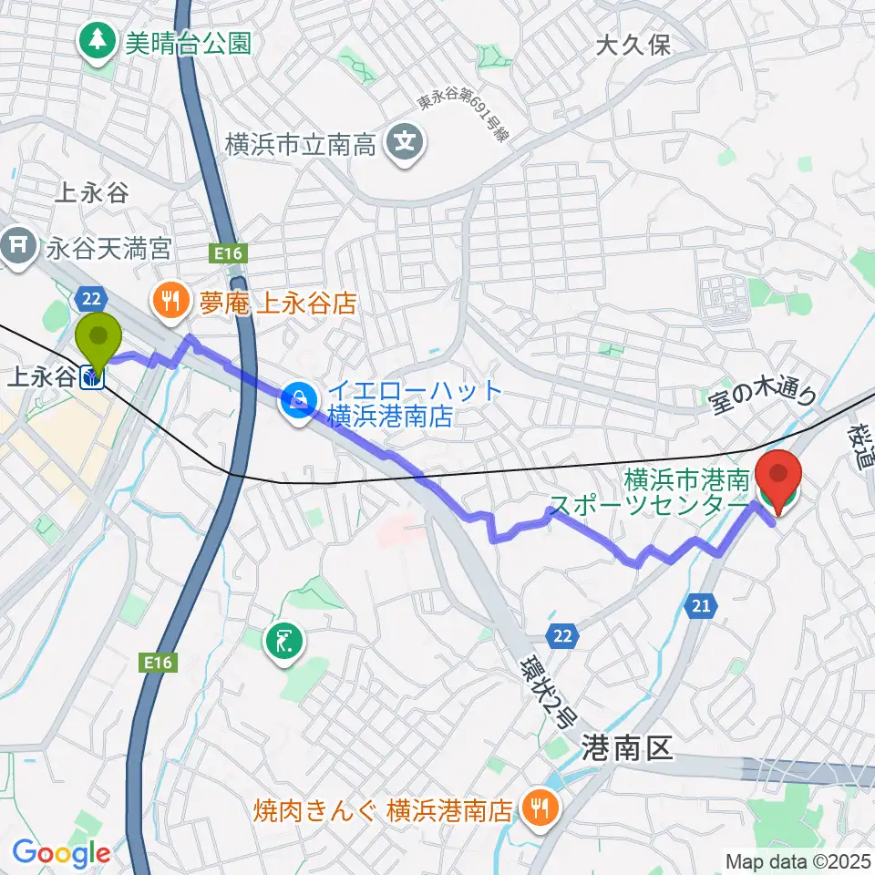 上永谷駅から横浜市港南スポーツセンターへのルートマップ地図