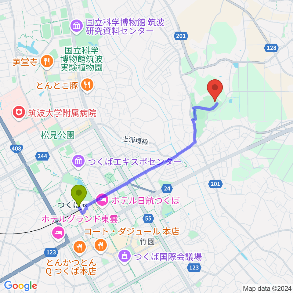 つくば市桜総合体育館の最寄駅つくば駅からの徒歩ルート（約36分）地図