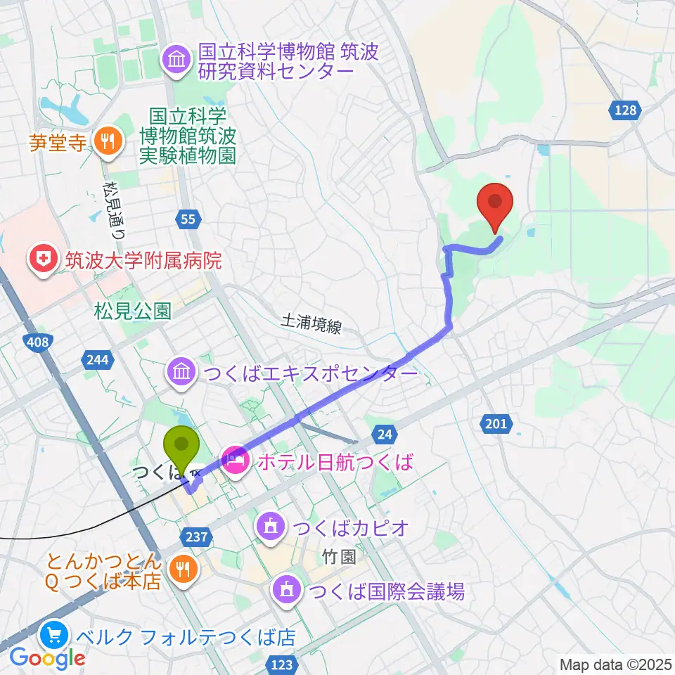 つくば市桜総合体育館の最寄駅つくば駅からの徒歩ルート（約36分）地図