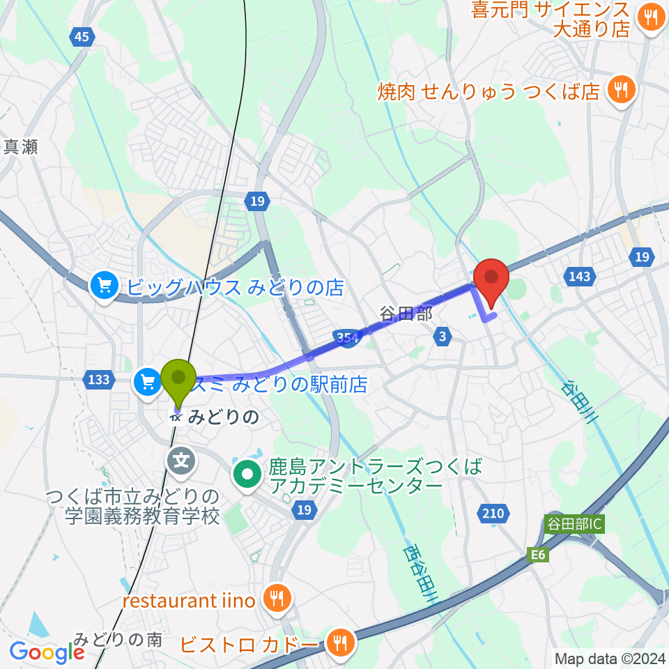 つくば市谷田部総合体育館の最寄駅みどりの駅からの徒歩ルート（約30分）地図