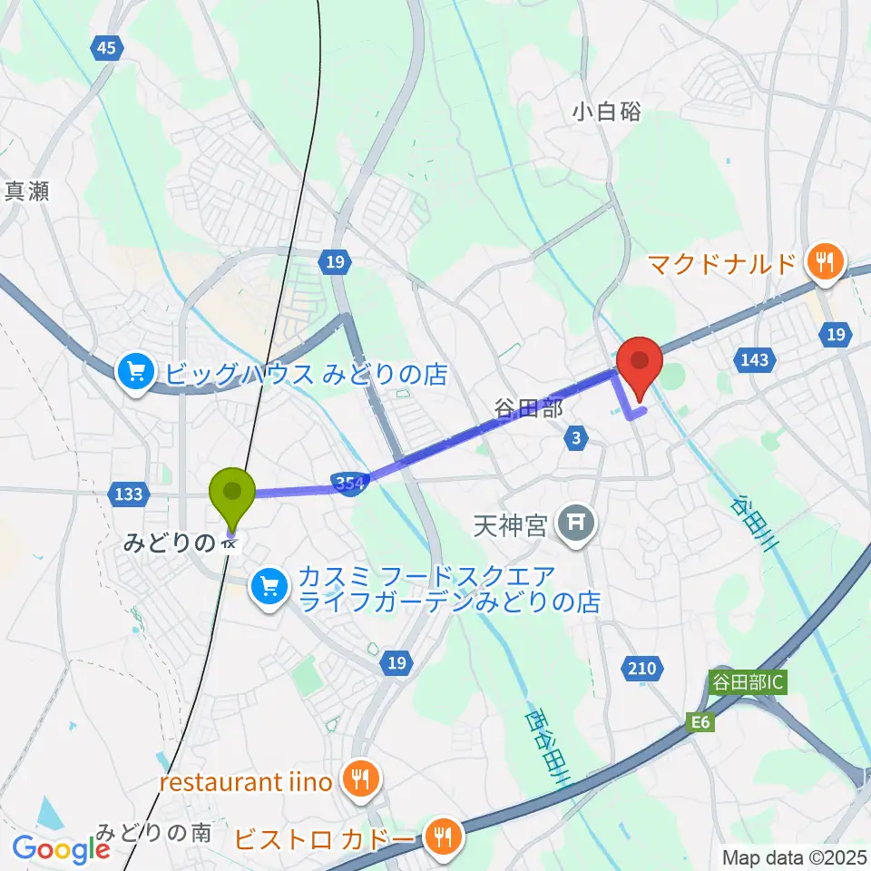 つくば市谷田部総合体育館の最寄駅みどりの駅からの徒歩ルート（約30分）地図
