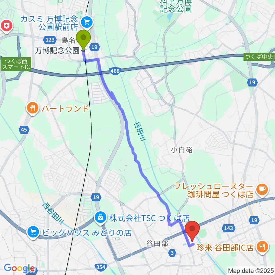 万博記念公園駅からつくば市谷田部総合体育館へのルートマップ地図