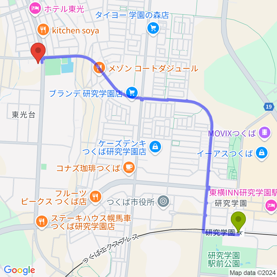 つくば市東光台体育館の最寄駅研究学園駅からの徒歩ルート（約29分）地図