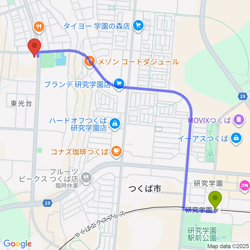 つくば市東光台体育館の最寄駅研究学園駅からの徒歩ルート（約29分）地図