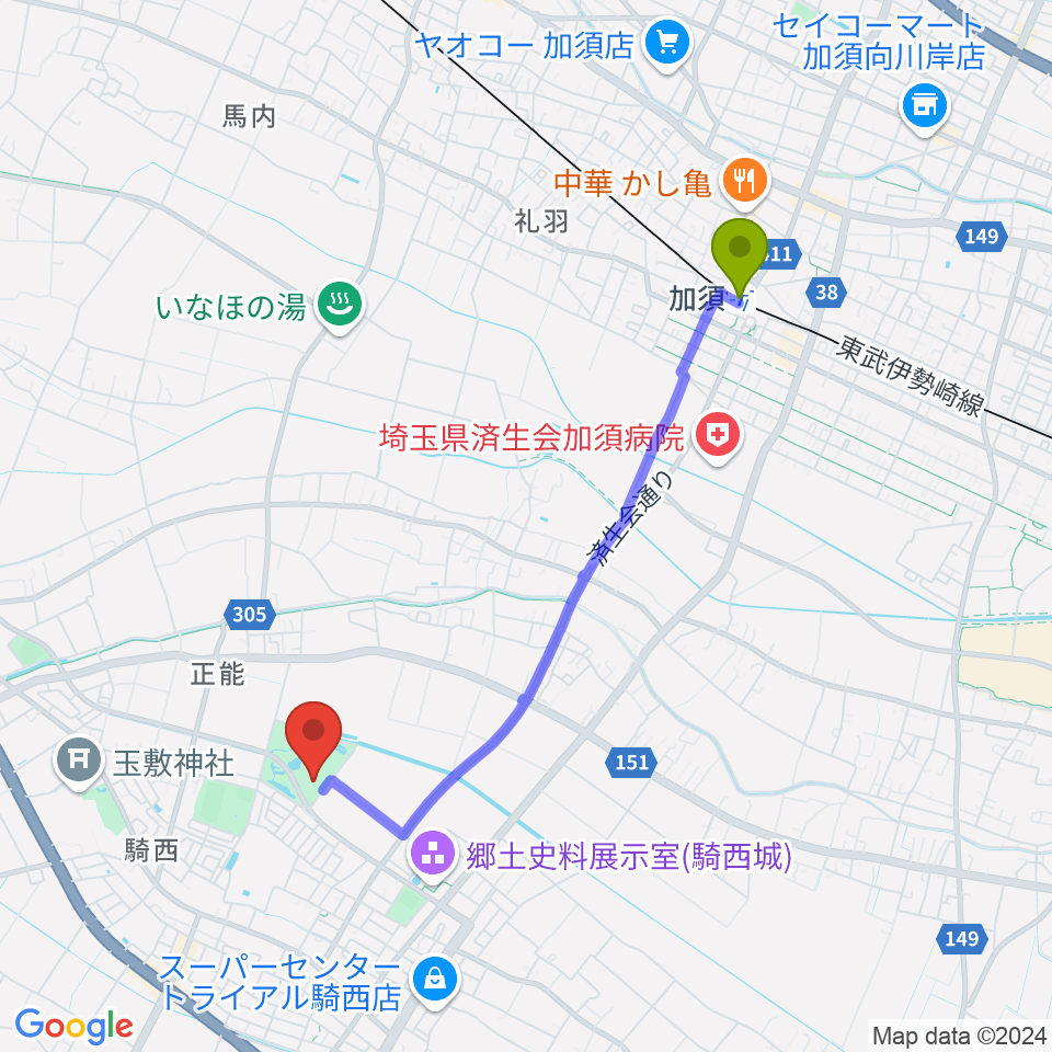 騎西総合体育館ふじアリーナの最寄駅加須駅からの徒歩ルート（約38分）地図