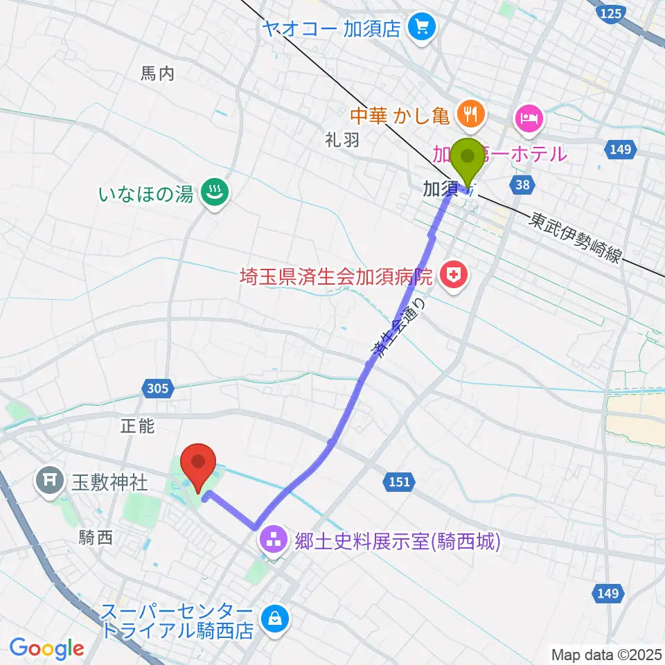 騎西総合体育館ふじアリーナの最寄駅加須駅からの徒歩ルート（約38分）地図