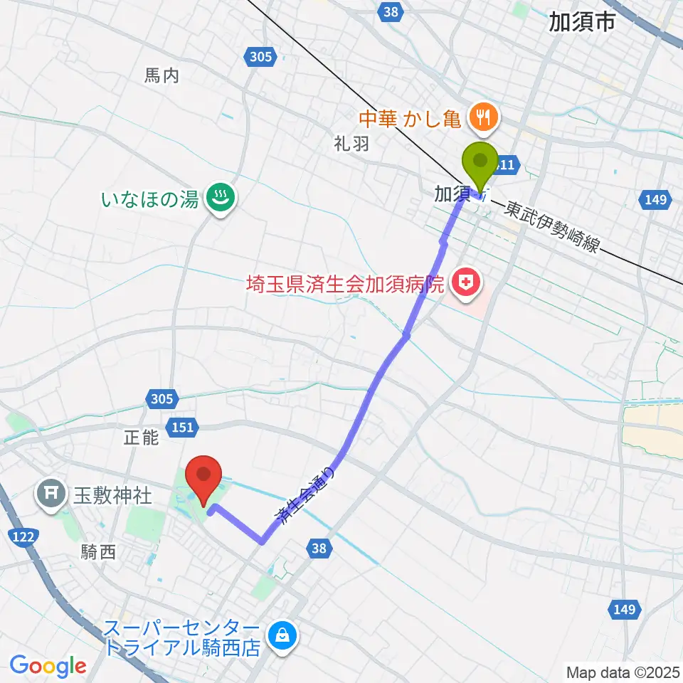 騎西総合体育館ふじアリーナの最寄駅加須駅からの徒歩ルート（約38分）地図