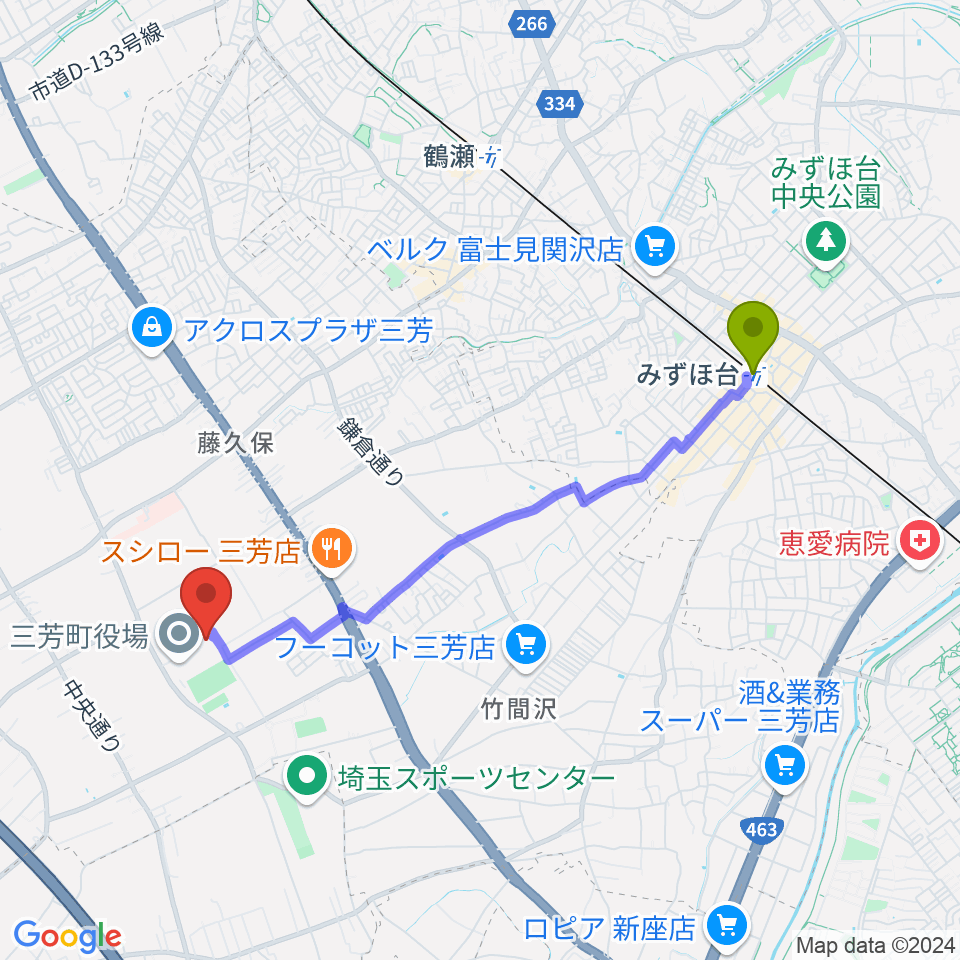 みずほ台駅から三芳町総合体育館みよしアリーナへのルートマップ地図