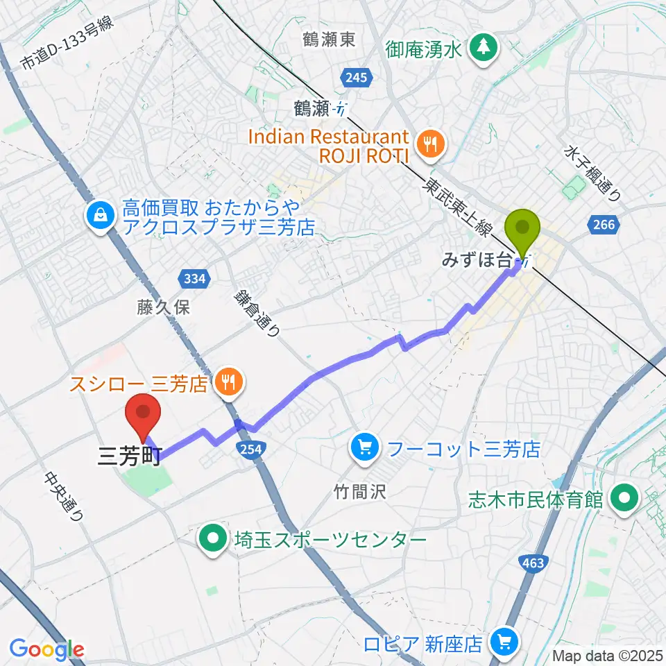 みずほ台駅から三芳町総合体育館みよしアリーナへのルートマップ地図