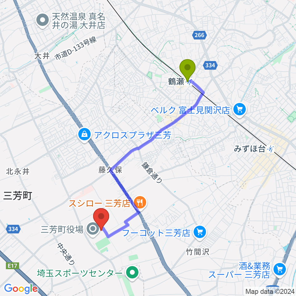 三芳町総合体育館みよしアリーナの最寄駅鶴瀬駅からの徒歩ルート（約36分）地図