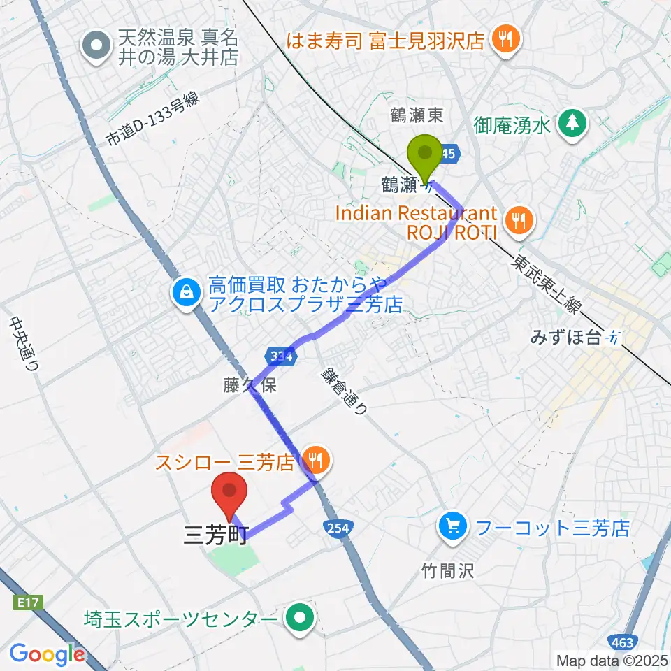 三芳町総合体育館みよしアリーナの最寄駅鶴瀬駅からの徒歩ルート（約36分）地図