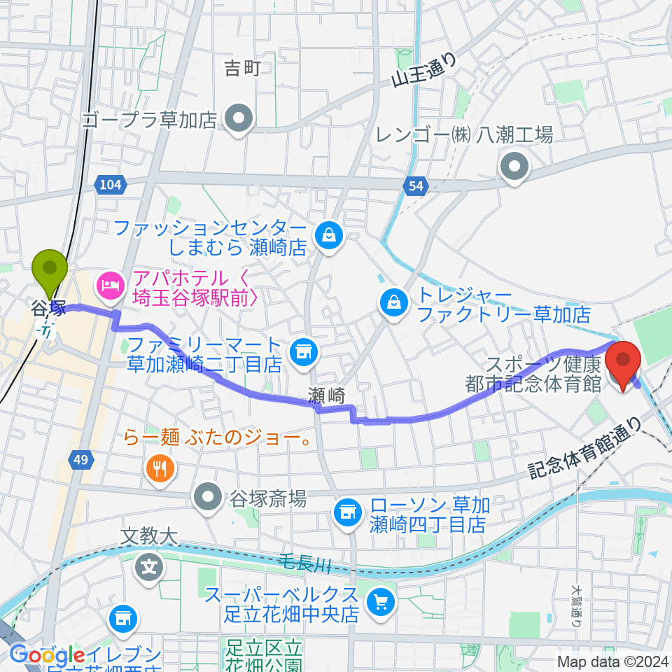 エネクルスポーツアリーナSOKAの最寄駅谷塚駅からの徒歩ルート（約27分）地図