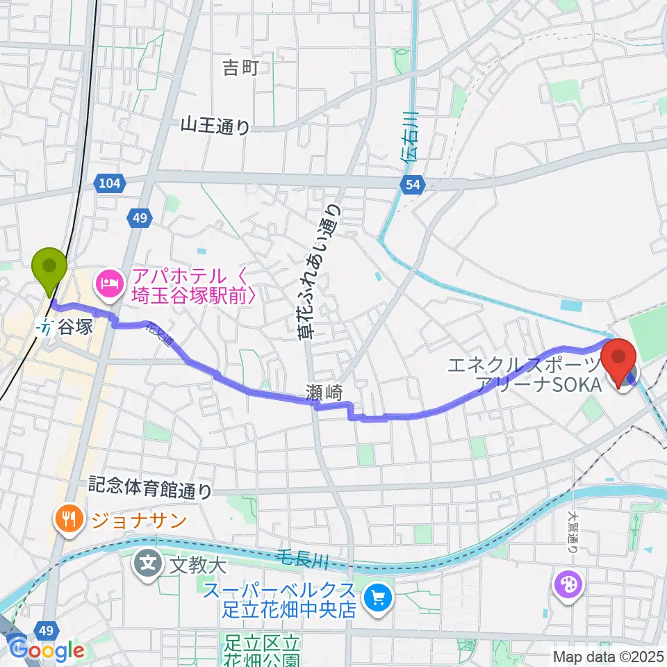 エネクルスポーツアリーナSOKAの最寄駅谷塚駅からの徒歩ルート（約27分）地図