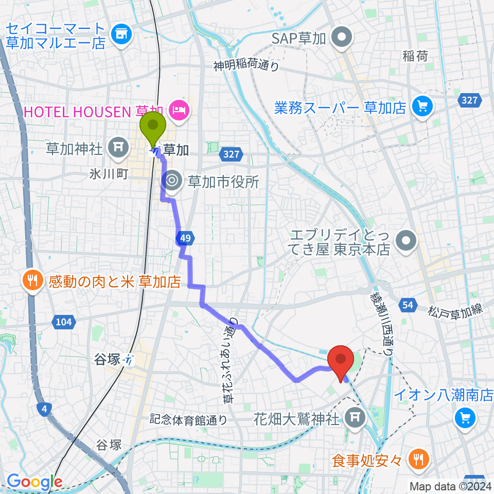 草加駅からエネクルスポーツアリーナSOKAへのルートマップ地図