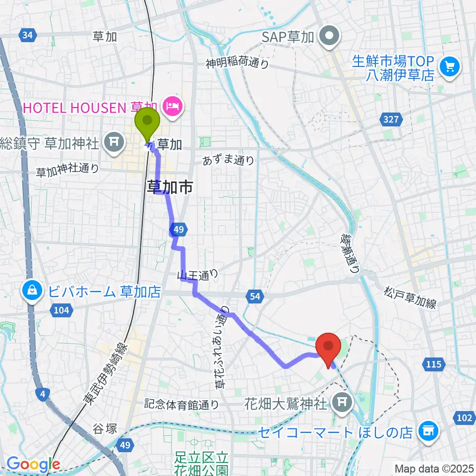 草加駅からエネクルスポーツアリーナSOKAへのルートマップ地図