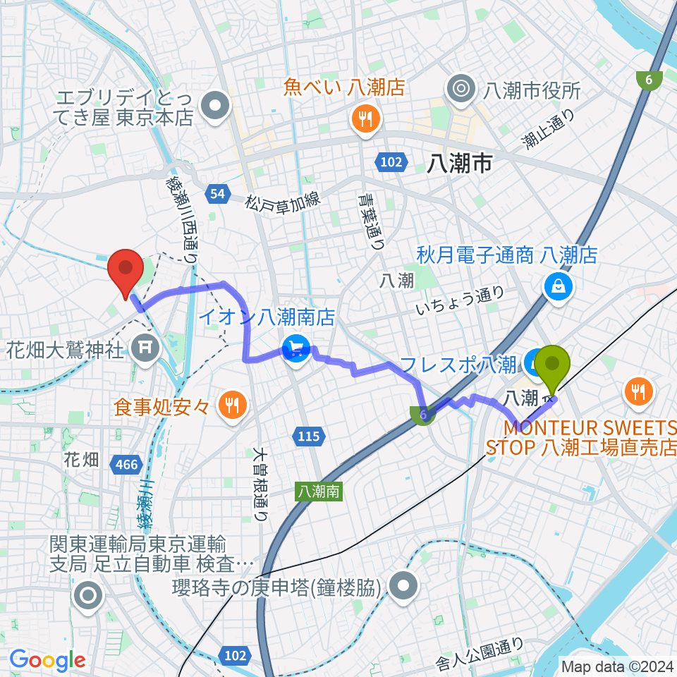 八潮駅からエネクルスポーツアリーナSOKAへのルートマップ地図