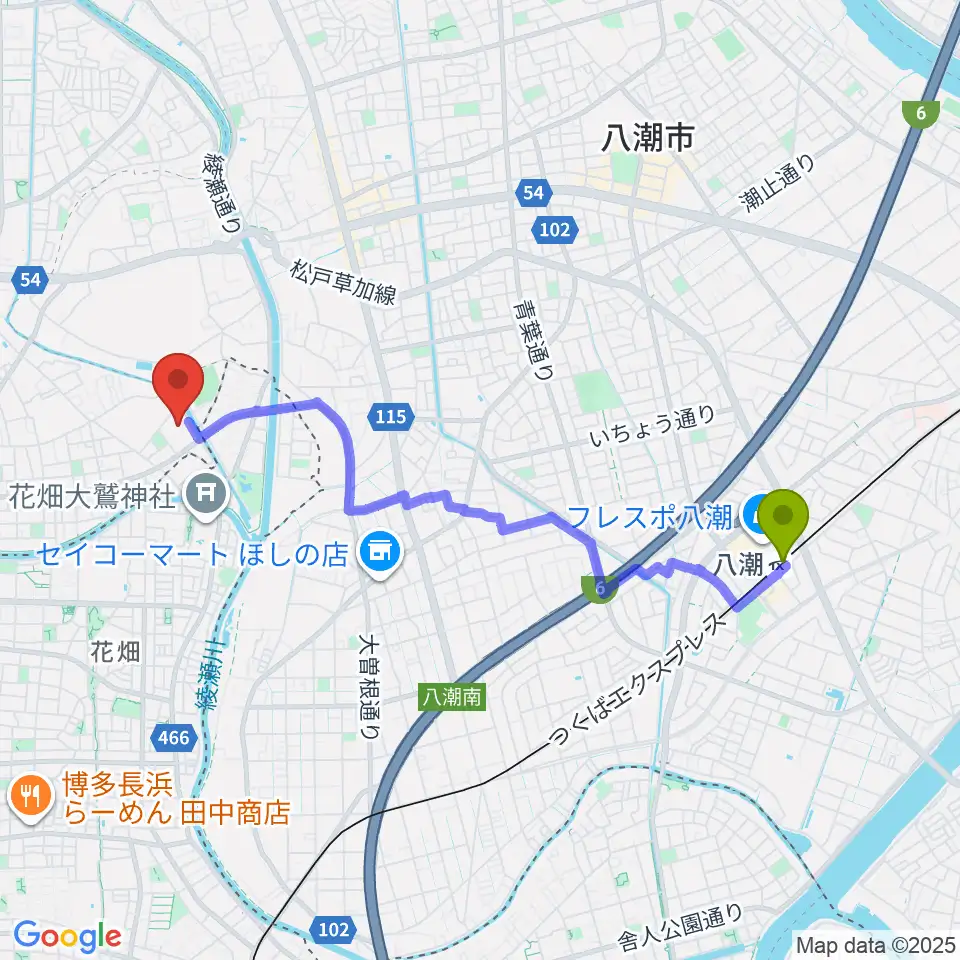 八潮駅からエネクルスポーツアリーナSOKAへのルートマップ地図