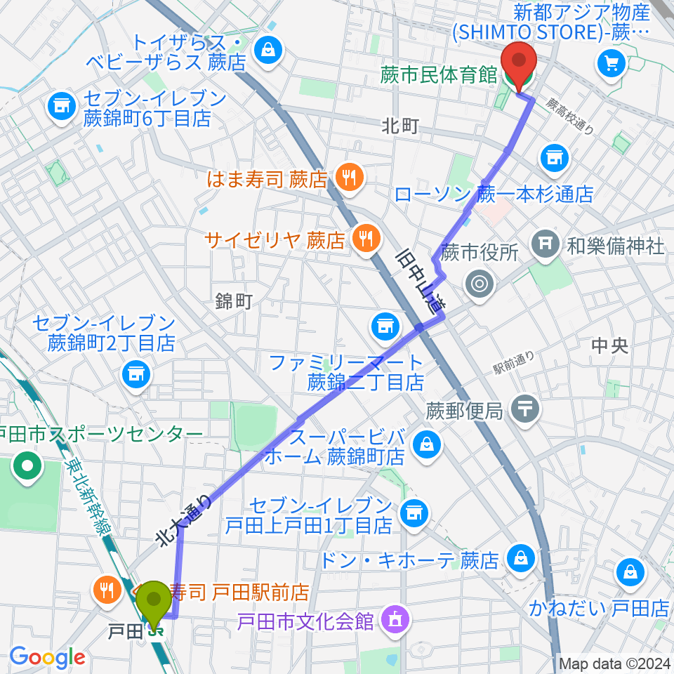 戸田駅から蕨市民体育館へのルートマップ地図