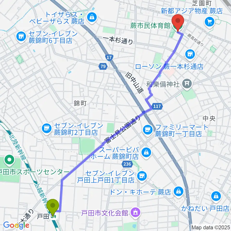戸田駅から蕨市民体育館へのルートマップ地図