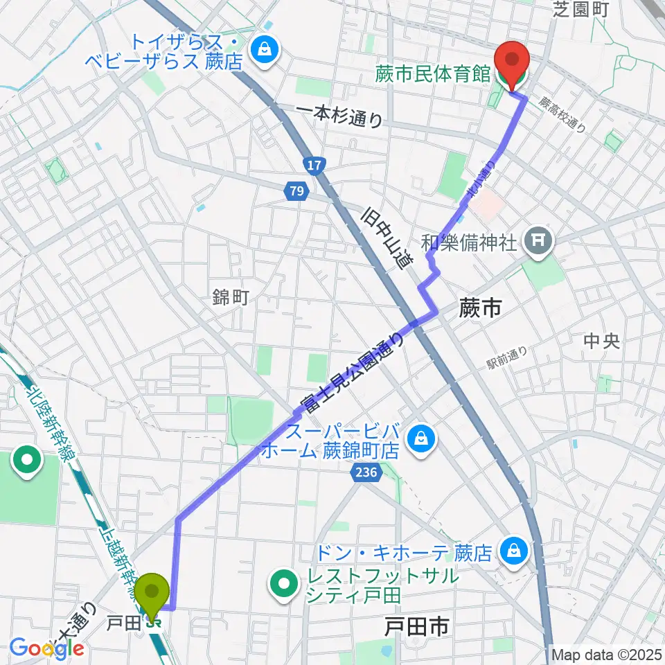 戸田駅から蕨市民体育館へのルートマップ地図