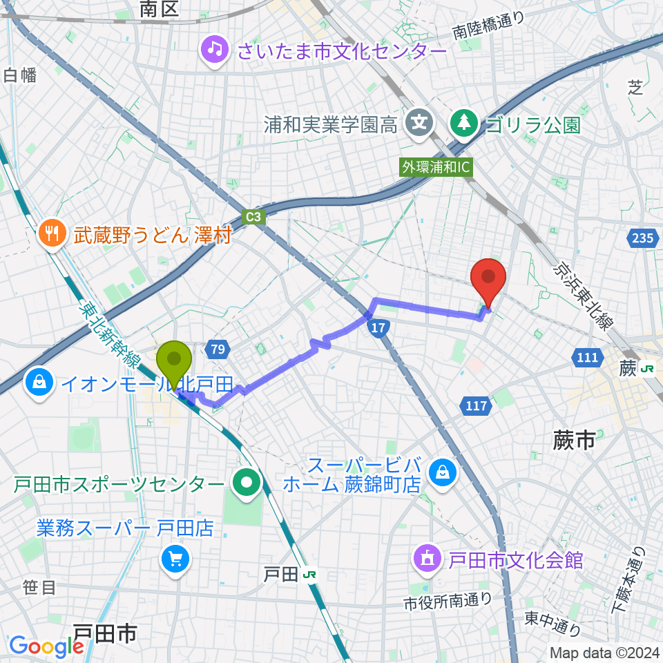 北戸田駅から蕨市民体育館へのルートマップ地図