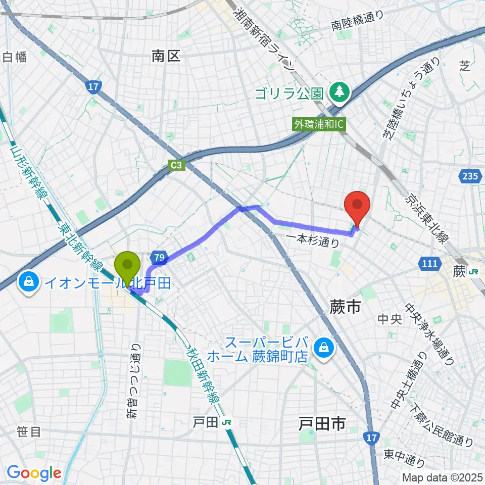 北戸田駅から蕨市民体育館へのルートマップ地図