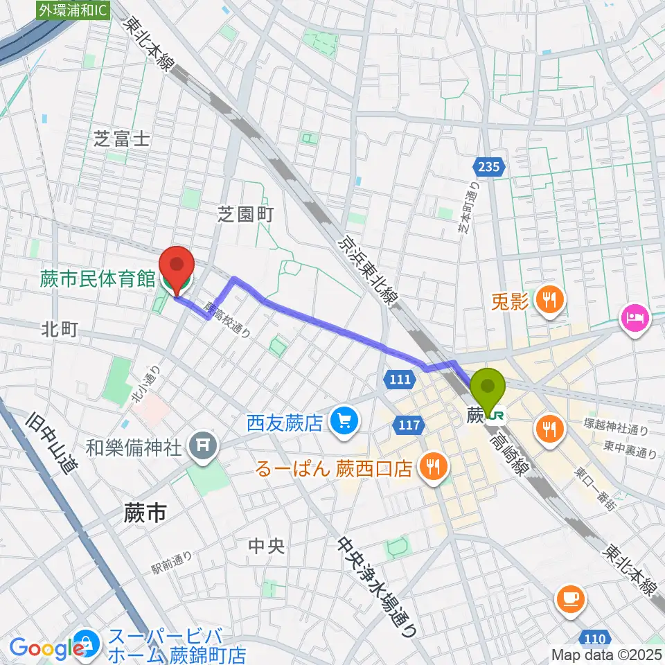 蕨市民体育館の最寄駅蕨駅からの徒歩ルート（約16分）地図