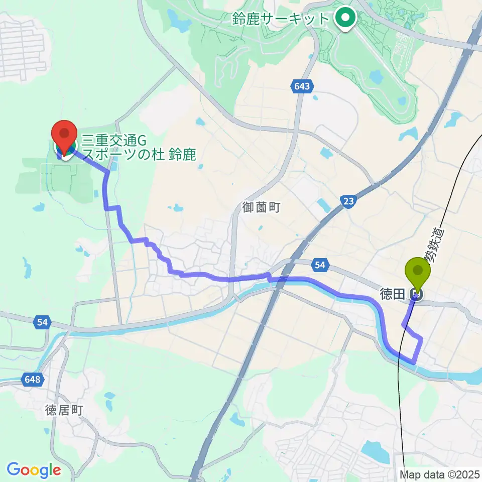 三重交通Gスポーツの杜鈴鹿体育館の最寄駅徳田駅からの徒歩ルート（約49分）地図