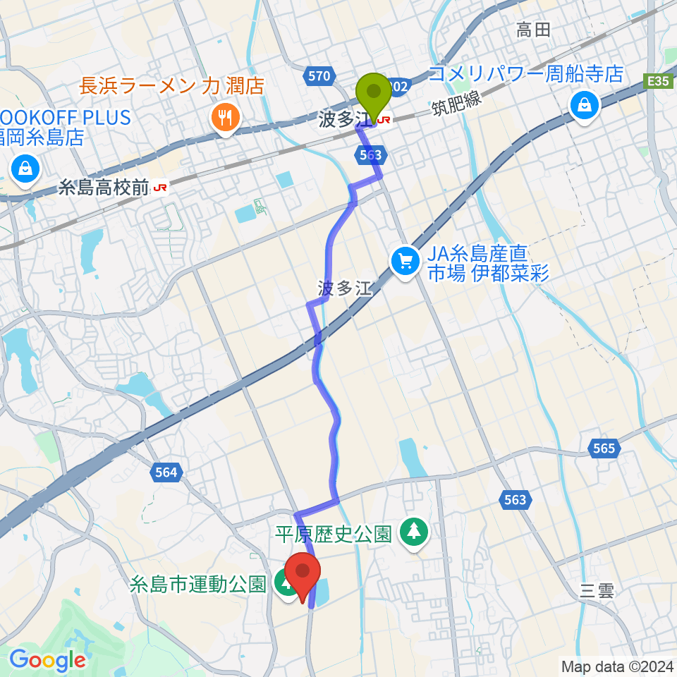 波多江駅から糸島市運動公園多目的体育館へのルートマップ地図