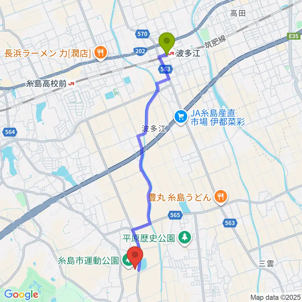 波多江駅から糸島市運動公園多目的体育館へのルートマップ地図