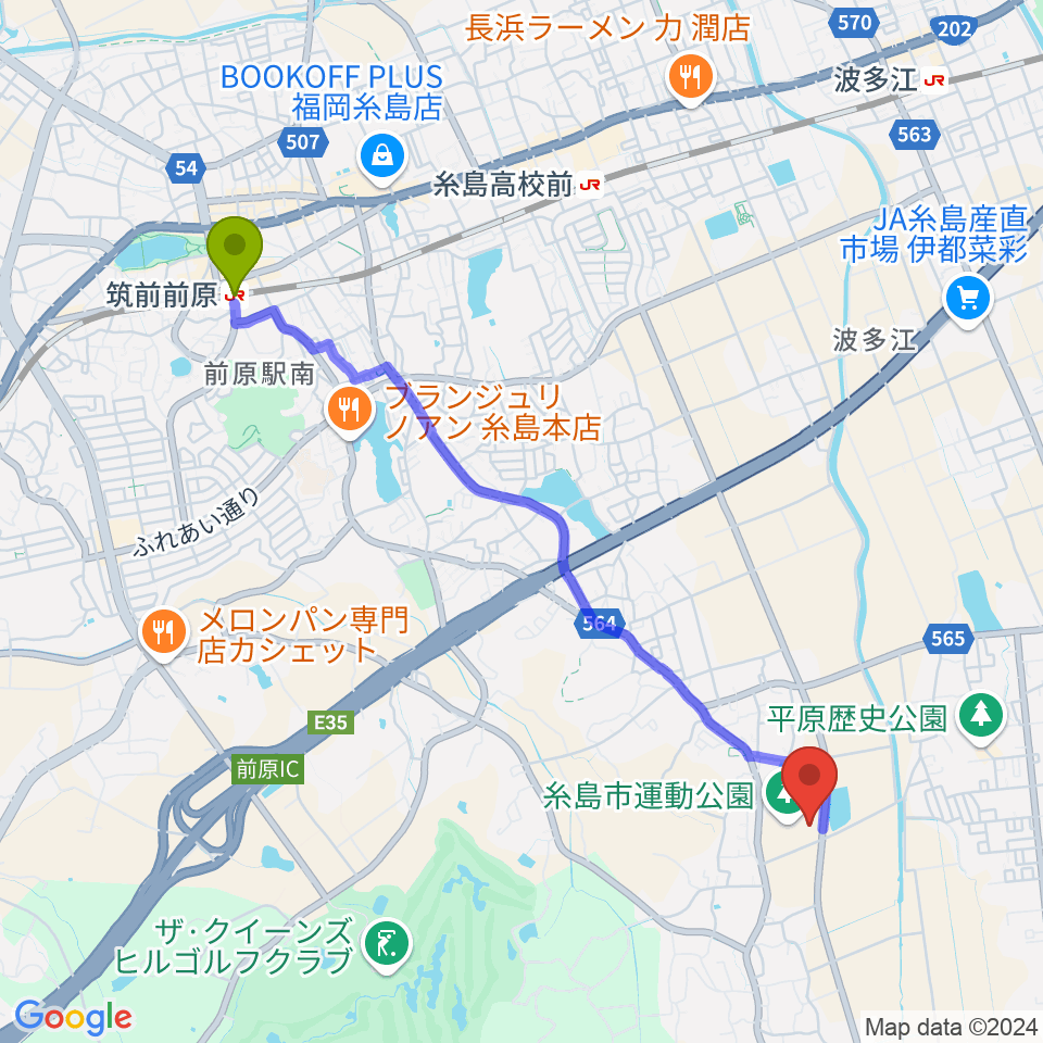 筑前前原駅から糸島市運動公園多目的体育館へのルートマップ地図