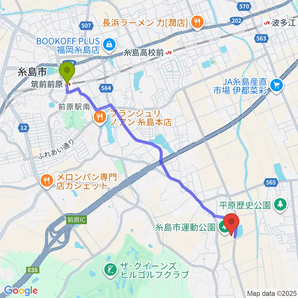筑前前原駅から糸島市運動公園多目的体育館へのルートマップ地図