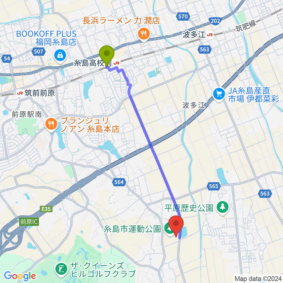 糸島市運動公園多目的体育館の最寄駅糸島高校前駅からの徒歩ルート（約41分）地図