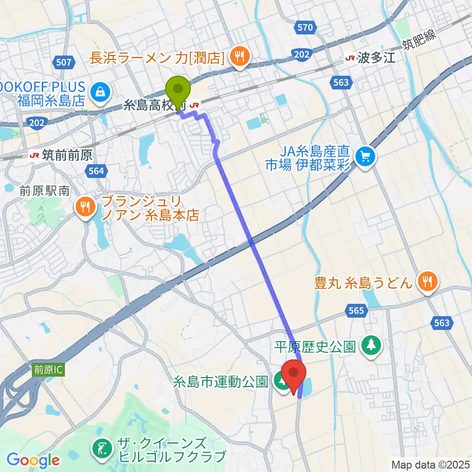 糸島市運動公園多目的体育館の最寄駅糸島高校前駅からの徒歩ルート（約41分）地図