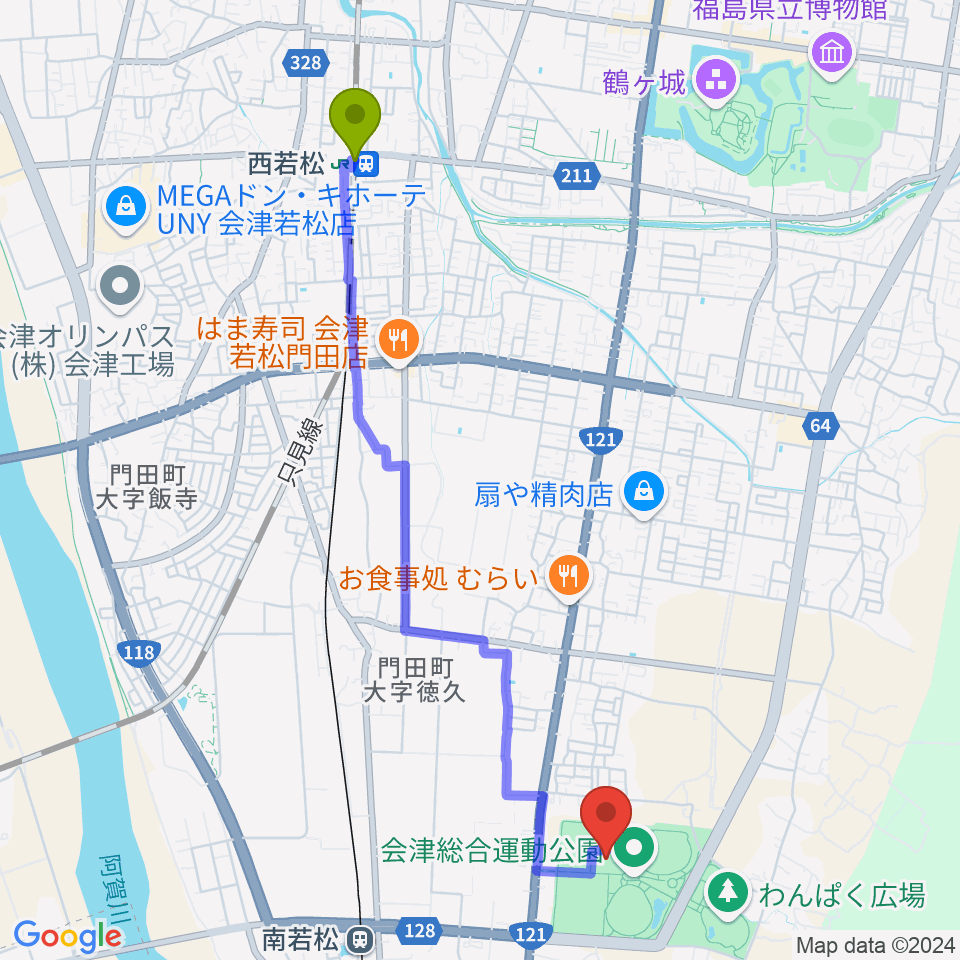 西若松駅からあいづ総合体育館へのルートマップ地図