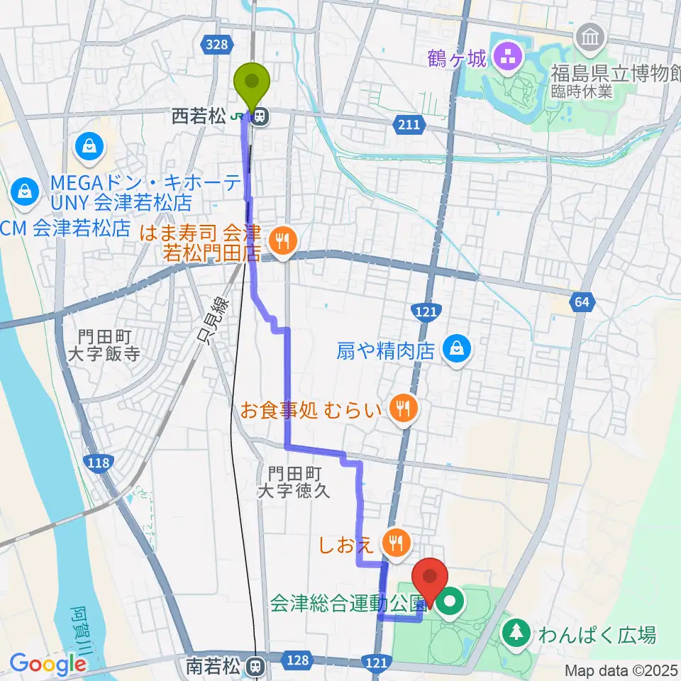 西若松駅からあいづ総合体育館へのルートマップ地図